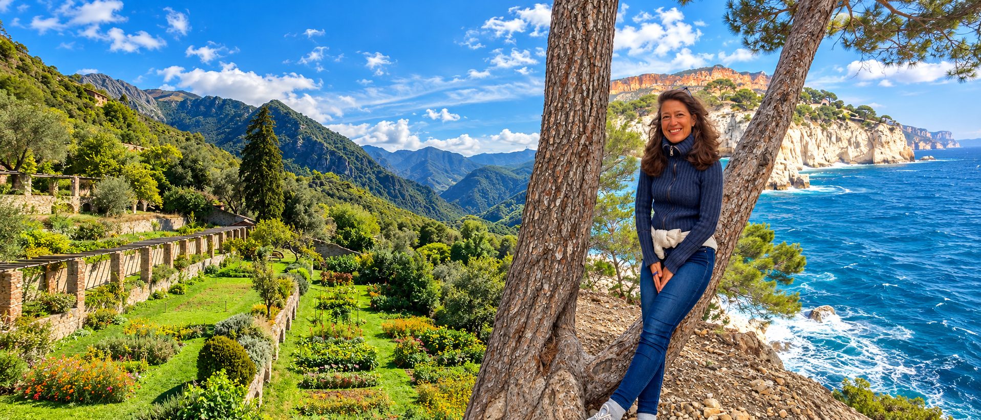 Frau an einen Baum gelehnt über der Steilküste, links Gartenterrassen und Berge, rechts das tiefblaue Meer