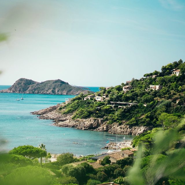 Crique turquoise, pointe rocheuse et maisons entre les pins