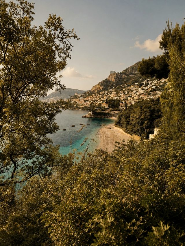 Türkise Bucht mit Kiesstrand und Hügelort an der Côte d’Azur, durch mediterrane Bäume gesehen